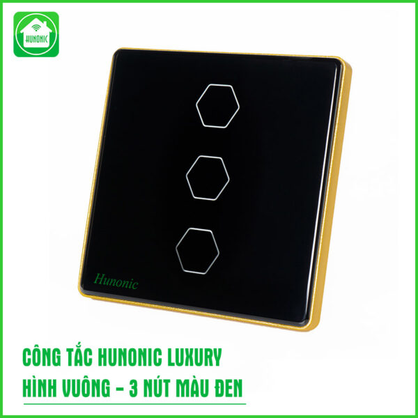 Công Tắc Hunonic Luxury Hình Vuông 3 Nút Đen