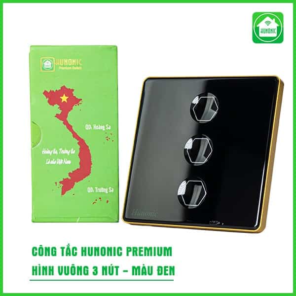 Công Tắc Hunonic Premium Hình Vuông 3 Nút Đen