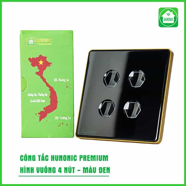 Công Tắc Hunonic Premium Hình Vuông 4 Nút Đen